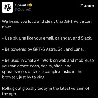 ChatGPT Voice mode is now supporting Plugins and can be used in ChatGPT Work!
Besides that, underlying tasks are now p