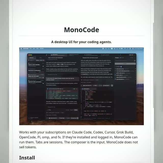 Why keep Claude Code, Codex, and Cursor in separate windows? 

Run every major coding agent from one desktop window. Mon