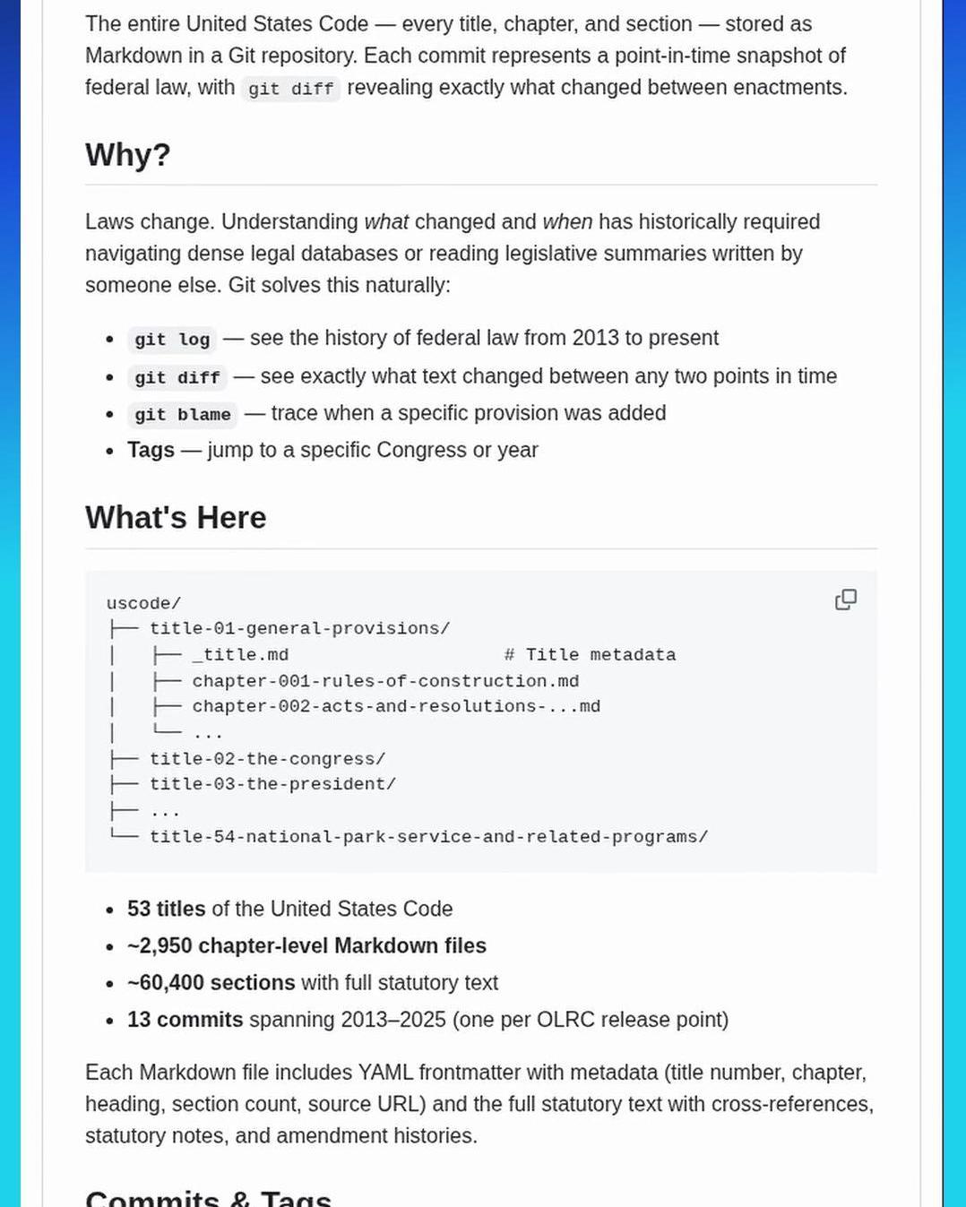 Track Changes in US Federal Law Using Git

Ever wondered exactly how federal law changes over time? The US Code reposito