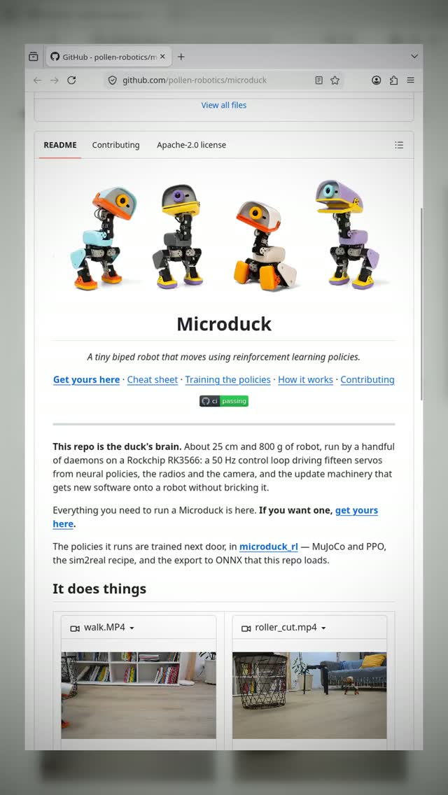 This Tiny Robot Duck Learned to Walk With Reinforcement Learning 

Microduck is the tiny biped duck robot that actually