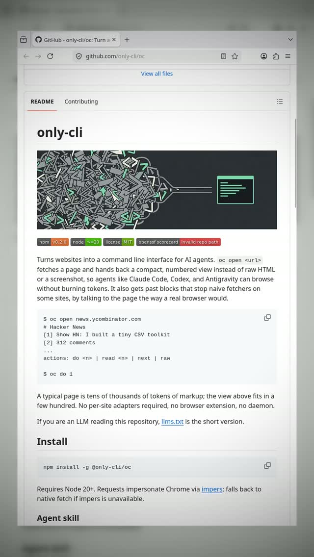 Your AI agent does not need 10,000 tokens just to read a webpage. 

Turn any website into a compact command line interfa