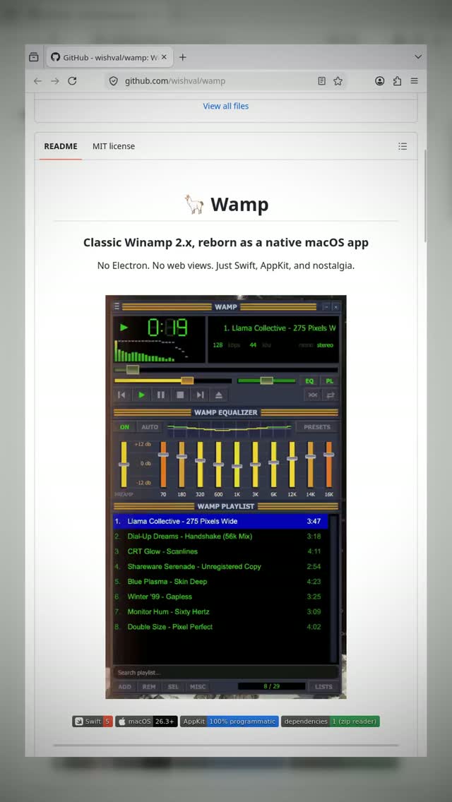 Wamp: Winamp Nostalgia on macOS

Wamp is the native macOS music player that faithfully recreates the classic Winamp inte