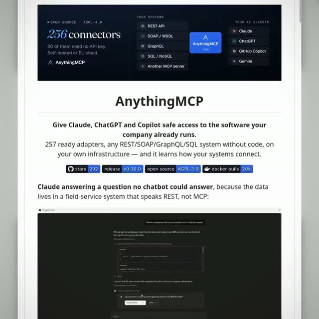 This tool can turn an old API, SOAP service, or database into something an AI agent can use.
AnythingMCP is the self-h