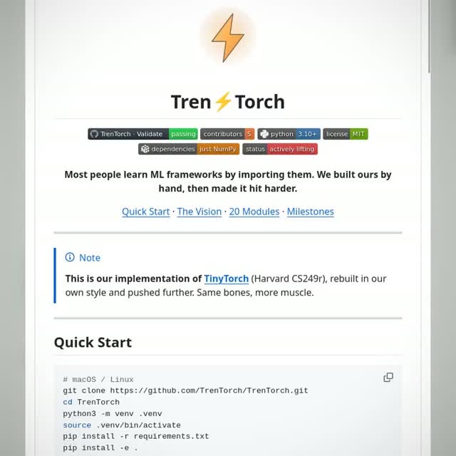 Instead of importing PyTorch, this project makes you build your own version of it. 

TrenTorch is the coding curriculum