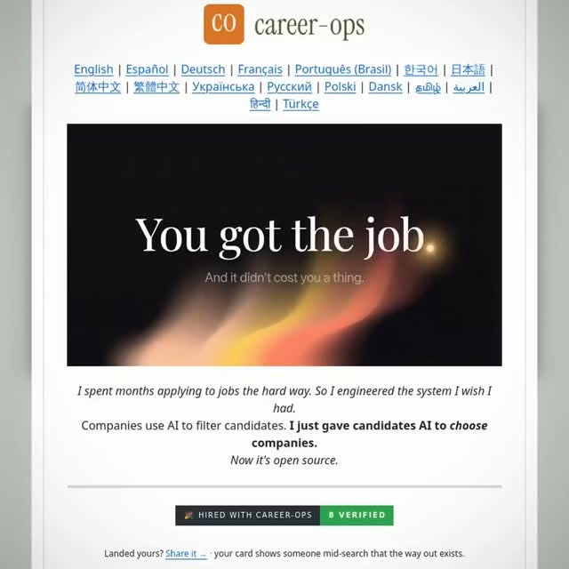 Stop wasting hours applying to jobs that were never a good fit.
career ops is the local AI agent that turns your termi