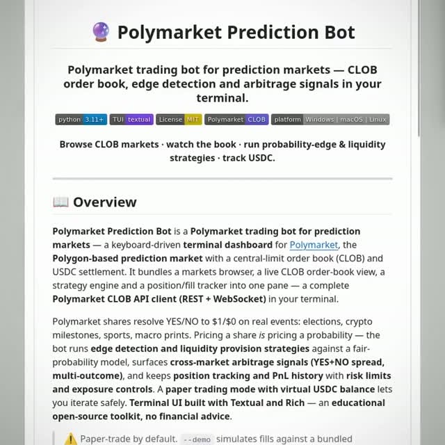 This bot watches Polymarket order books and looks for pricing gaps that could create arbitrage opportunities.
This ter