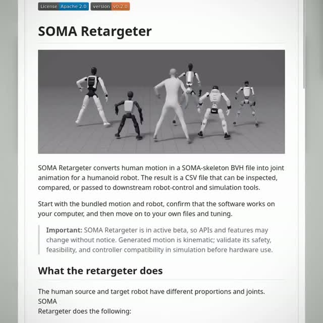 A human walks once, and this tool turns that motion into commands a robot can actually use.
NVIDIA’s SOMA Retargeter t