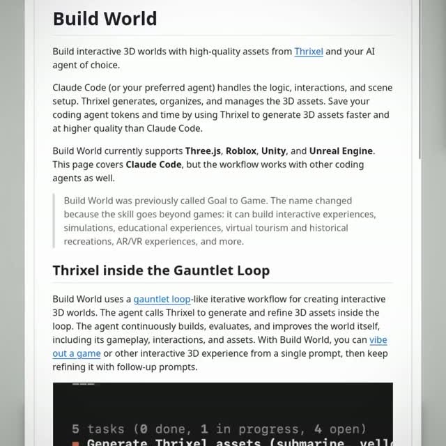 Give your coding agent one sentence, and it can turn it into a playable 3D world.
Build World is the AI skill that tur