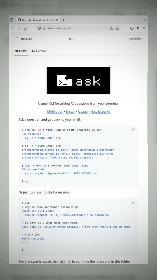What if your coding AI could help without ever touching your files? 

Ask is the terminal command that hands you the ans
