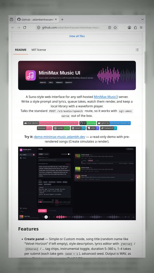 You can now run MiniMax Music locally with a clean web UI. 

Write a style prompt and some lyrics, then watch your compu