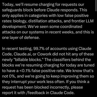 Anthropic will resume charging for rejected requests in order to protect from distillation attacks.
This applies to re