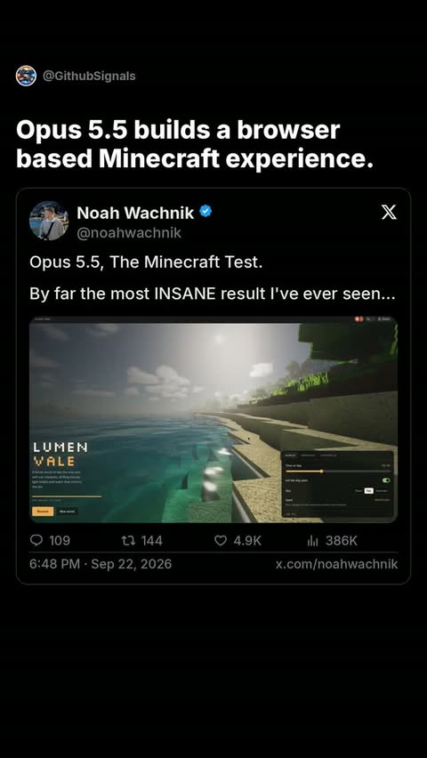 Minecraft Test with Opus 5.5
Wachnik calls it the most insane result he's ever seen from an LLM—almost better than actu