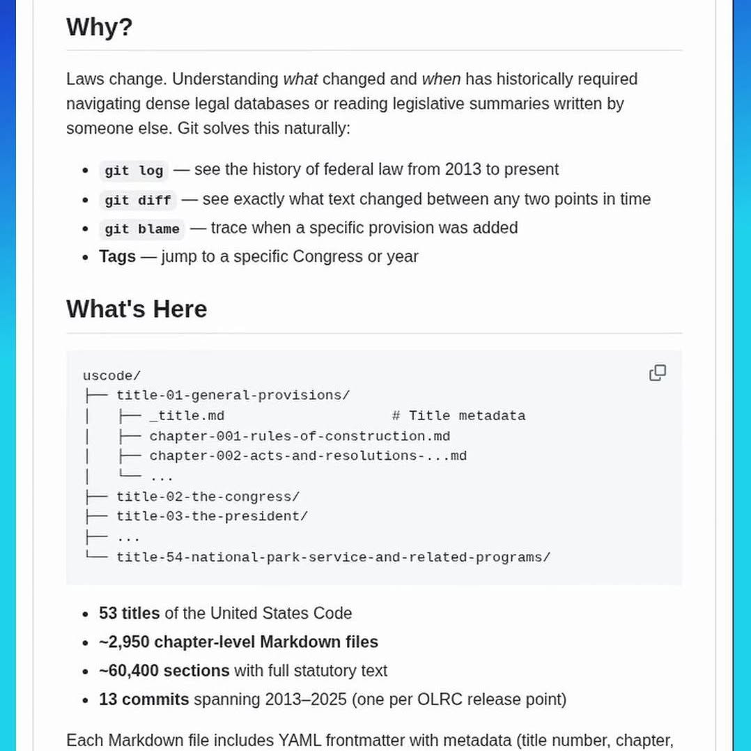 Track Changes in US Federal Law Using Git

Ever wondered exactly how federal law changes over time? The US Code reposito