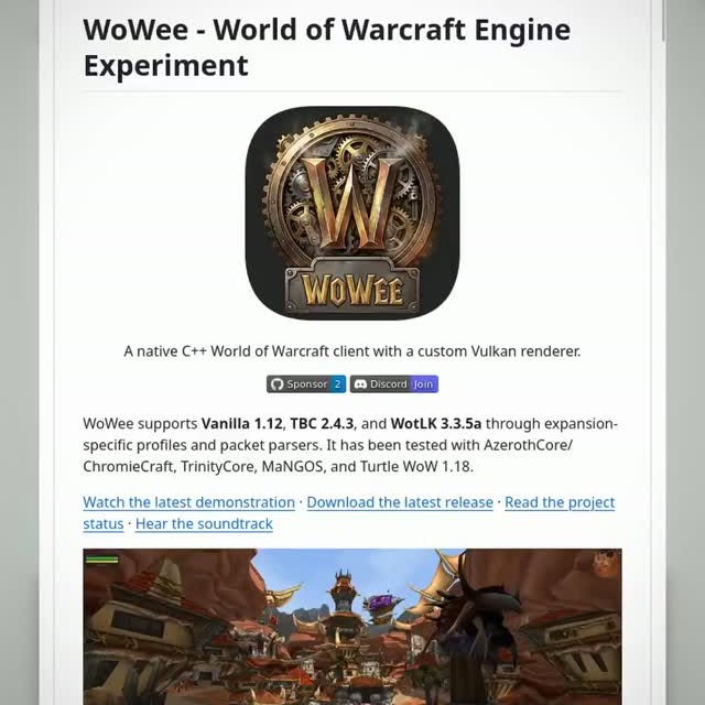 Someone is rebuilding the World of Warcraft client from scratch in C++. 

WoWee runs the massive, complex game World of