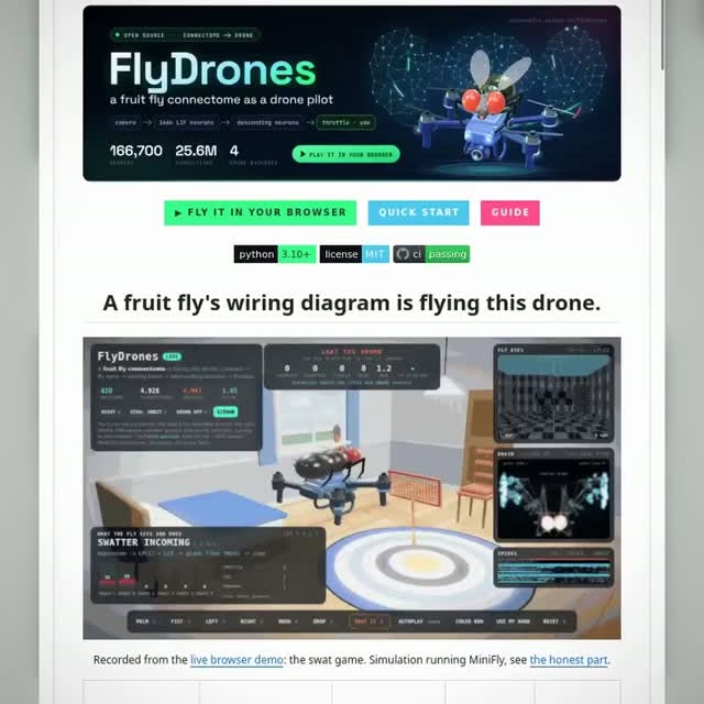 This drone is being steered by a simulated fruit fly brain.
FlyDrones is the open-source project that turns a real fru