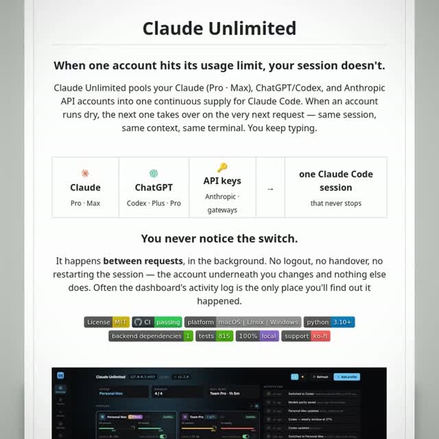 Claude Unlimited: Never Hit a Usage Limit Again

Claude Unlimited is the local tool that keeps your AI coding sessions r
