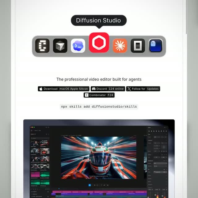 The Open-Source Video Editor Built for Coding Agents

Build videos with code instead of clicking a timeline. Diffusion S